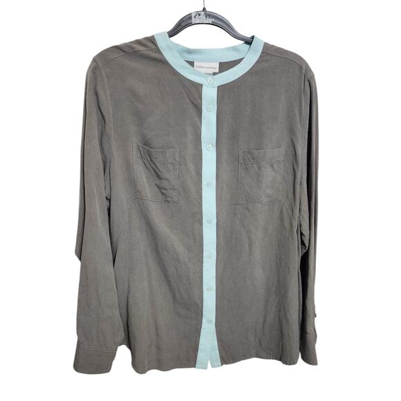 Soft Surroundings XL 100% Silk Twill Lux Gray Robins Egg Blue Blouse Shirt Top - Picture 3 of 9